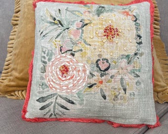 Cotton slub pillow with embroiderd flowers and  eyelash Fringe 12"x12"