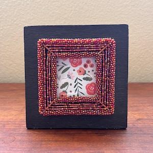 Vintage wood and red beaded square frame 6&quot;x6&quot; holds a 2  1/4&quot;x2 1/4&quot;” photo