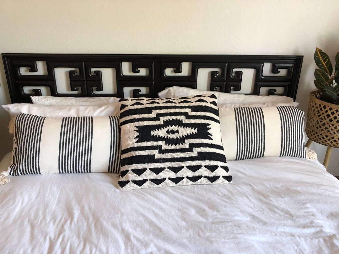 Black Striped Lumbar Pillow With Tassels Etsy