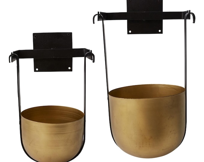 Brushed gold hanging pot with black wall mounting hardware. Comes in two sizes