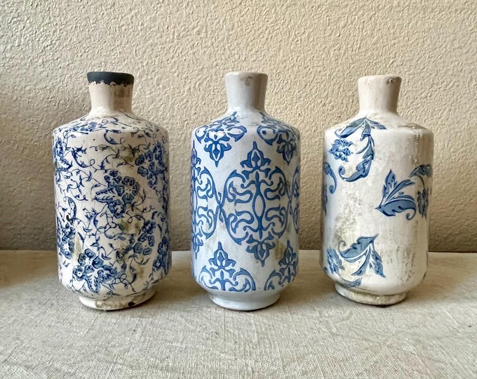 Blue and white terra-cotta vase 7 1/2 inch in height and  3 3/4 inches round set of 3