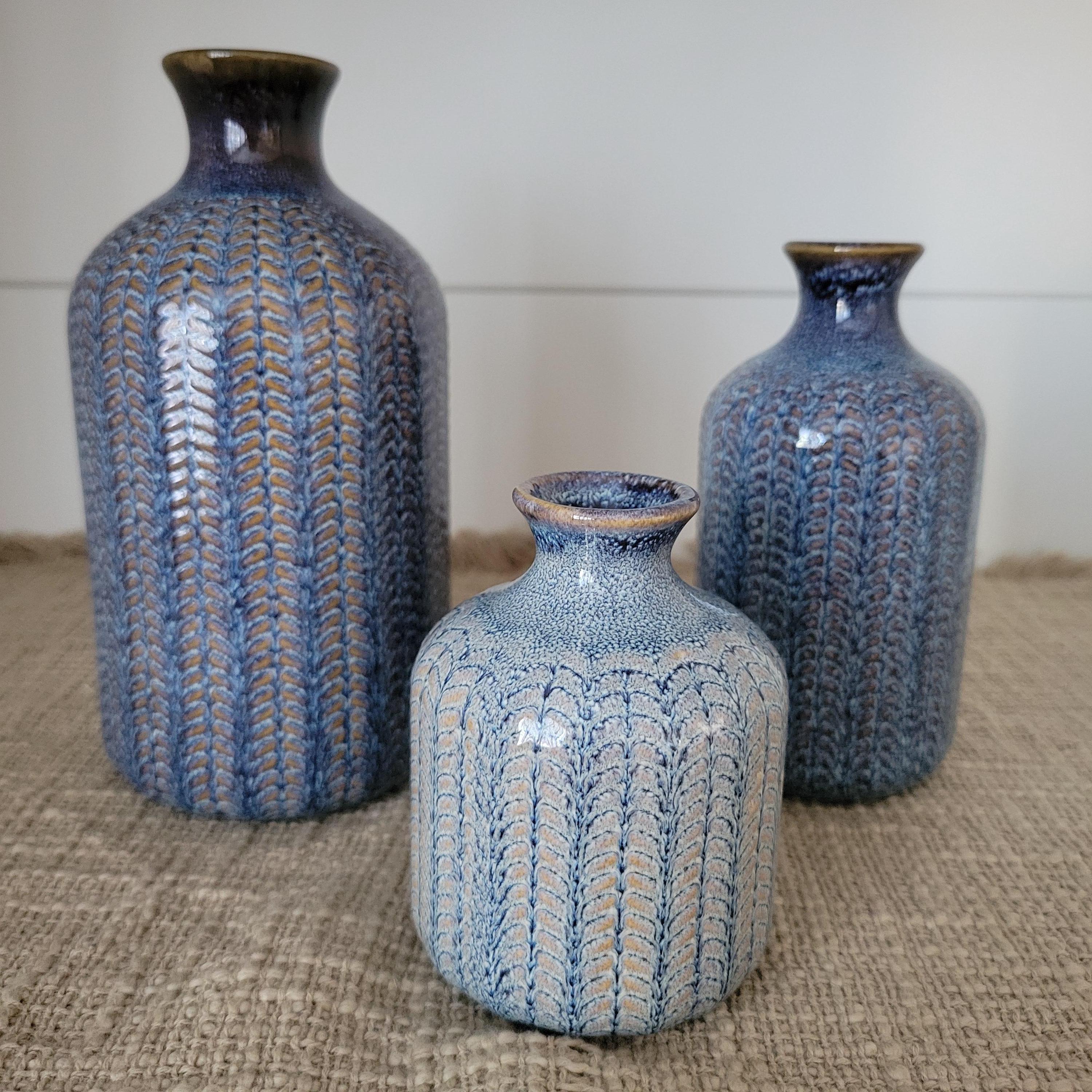 Blue Pattern Finished Ceramic Bud Vase Set of 3