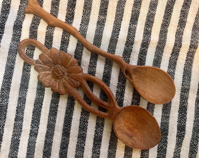 Hand carved wood spoon with flower  and branch handle 7"x 2" set