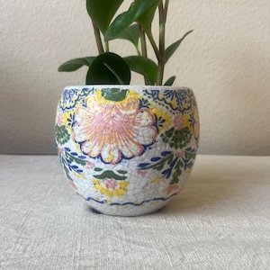 May include: A small, round ceramic planter with a floral design in pink, yellow, green, and blue. The planter has a white, crackled background and contains a green plant with round leaves. The pot is approximately 10 cm in diameter.