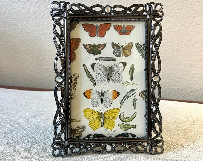 Vintage art deco style silver 7 1/2 x 5 1/2 inch frame with ornate detail holds a 3 3/4"x 5 3/4" image