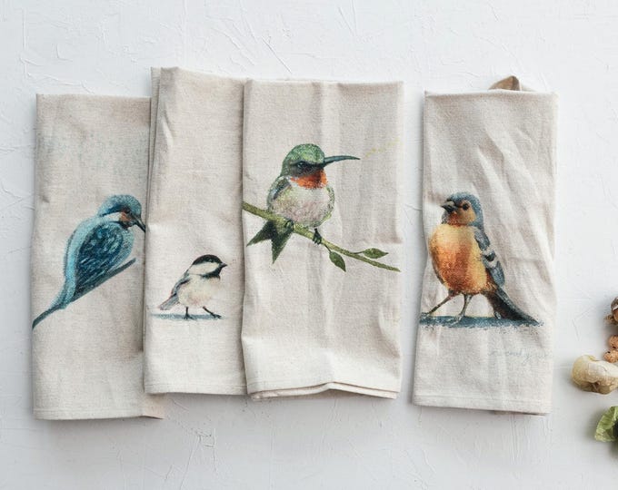 Cotton & Linen Printed Tea Towel w/ Bird, 4 Styles 28"L x 18"W