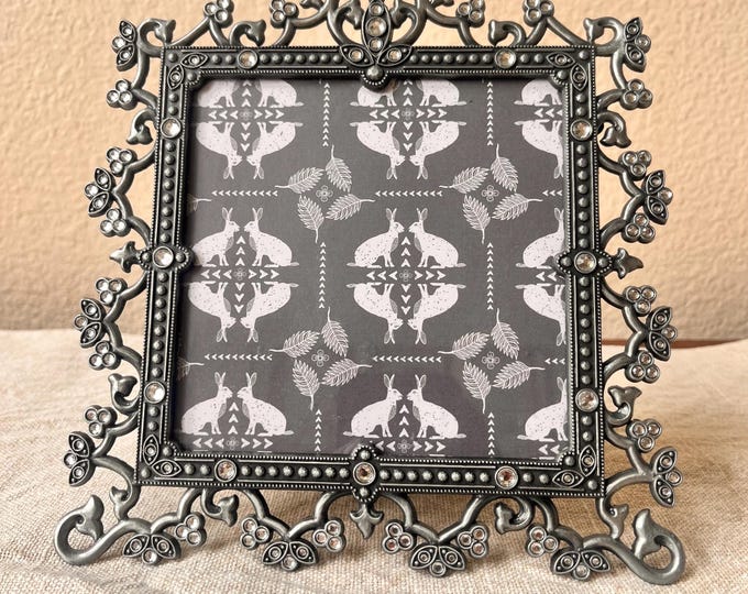 Vintage silver and black 7"x7" square frame with rhinestone detail hold 4 1/2" x 4 1/2" image