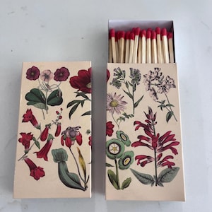 Pode incluir: Duas caixas de fósforos decorativas com ilustrações florais. Uma caixa está fechada, exibindo uma variedade de flores vermelhas, rosas e verdes. A outra caixa está aberta, revelando fósforos com pontas vermelhas. As caixas têm um fundo creme.