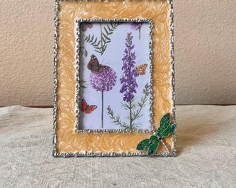 Vintage beige enameled frame with silver details and jewelled dragonfly. Frame is 8”x6” holds a 51/2”x3 1/2” image