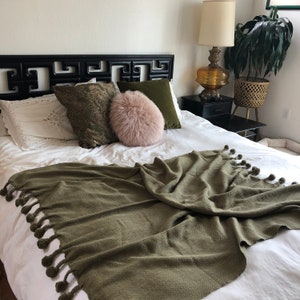 Khaki cotton throw blanket with pom-poms  60"L x50" W