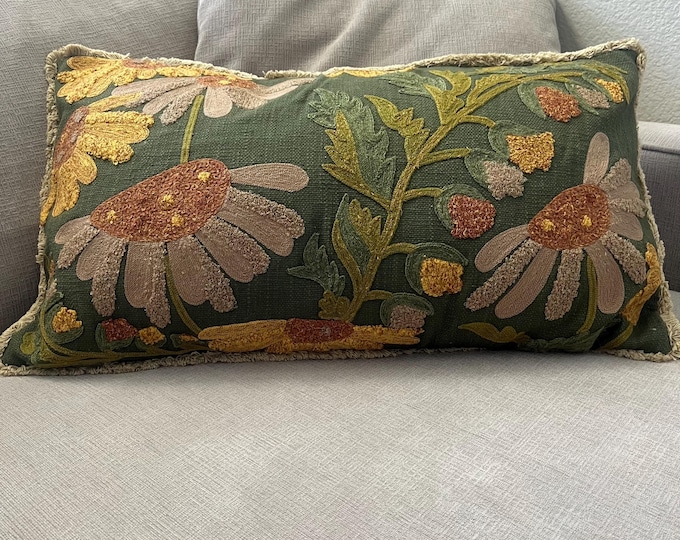 Embroidered Floral Cotton Pillow: Fringe Accent, Fall Colors (24"x14")