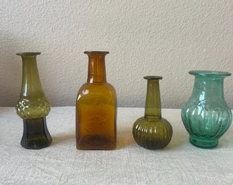 Hand-blown glass vases set of 4 in green, blue and amber. each set will slightly vary