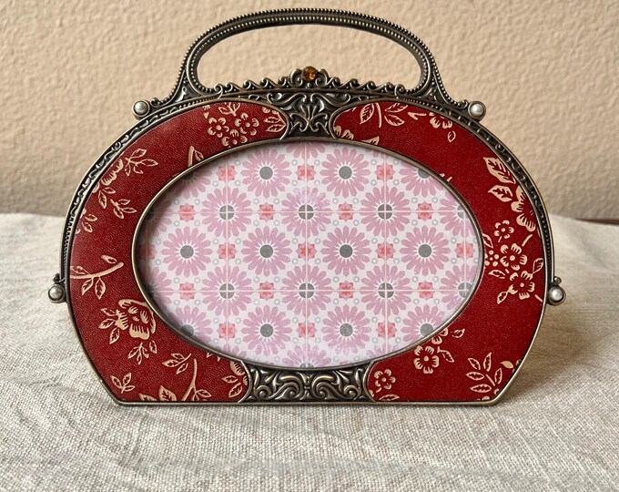 Vintage red purse with brass handle picture frame with floral detail  8"x 6" holds a 5 1/4" x 3 3 1/2"