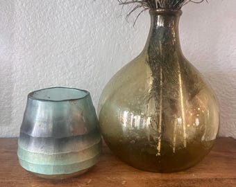 Olive green bud glass vase 5 1/2W x 7H