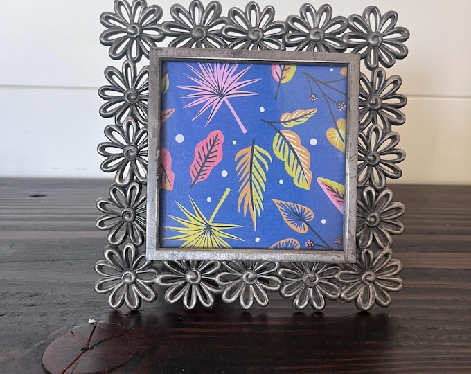 Vintage silver 6" x 6" square frame with floral detail holds 3 3/4" x 3 3/4"image