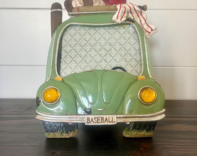 Vintage style 9 1/2" Hx8"W  green car frame holds a 3 1/2" x 5 1/4" image