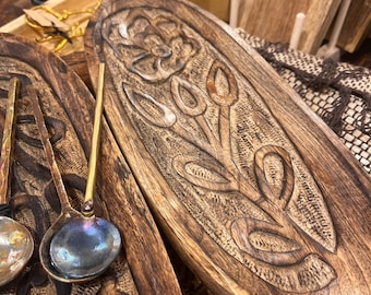 Hand carved mango wood tray with burnt finish floral details 15” L x 5 3/4”