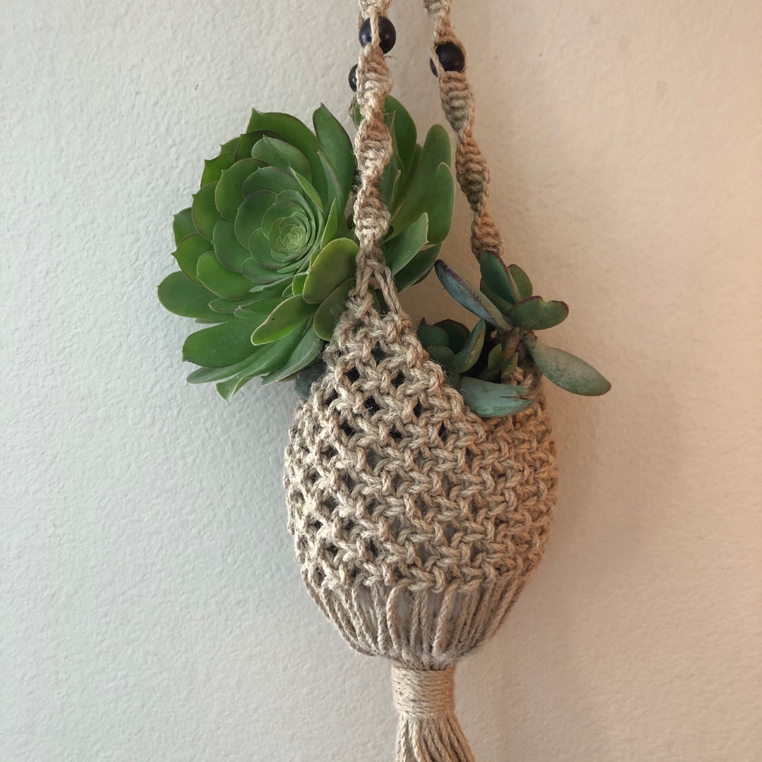 Jute Hanging Planter With Beads Comes in Grey or Tan Etsy Hong Kong