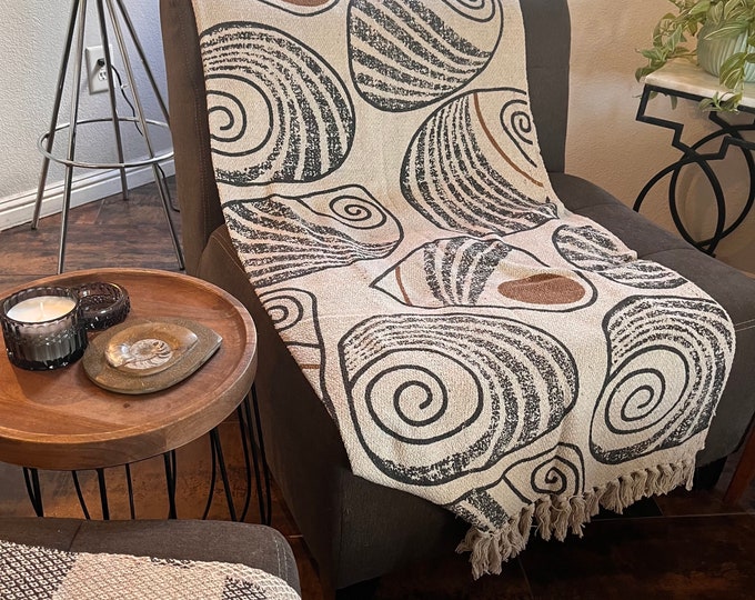 Ultra soft , recycled, cotton geometric, printed, throw black and natural and terra-cotta  50x60”