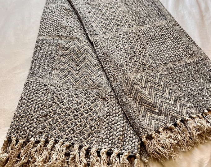 Ultra soft recycled, cotton slub throw blanket gray and cream check pattern with fringe,   60"L x50" W