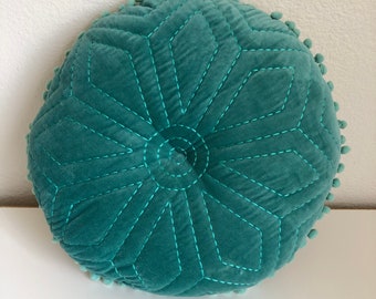 Aqua velvet embroidered chambray 16” pillow