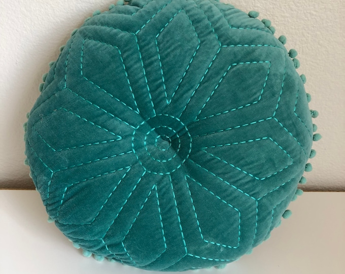 Aqua velvet embroidered chambray 16” pillow