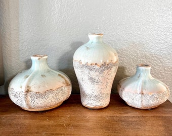 Light blue reactive glaze  and sand finished ceramic bud vase set of 3