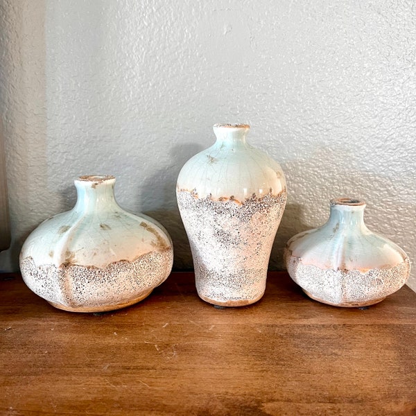 Light blue reactive glaze  and sand finished ceramic bud vase set of 3