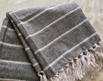 Ultra soft, recycled, cotton, gray and white  striped throw with fringe 50 x 60 “