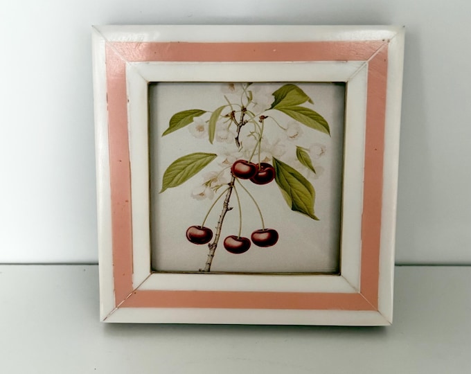 Vintage white frame with pink stripe 4”x 4” frame holds a a 2 1/2”x2 1/2” photo