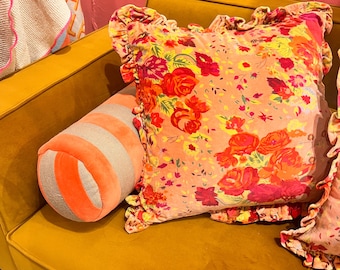 Pink velvet with floral design and ruffled trim pillow 20” square