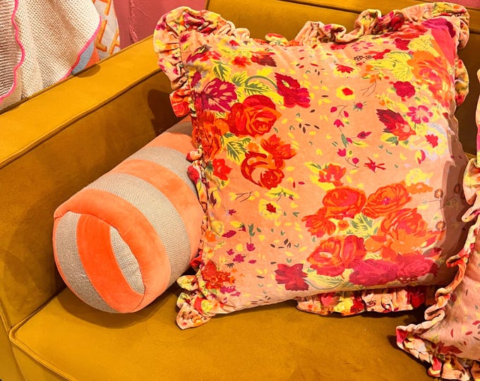 Pink velvet with floral design and ruffled trim pillow 20” square