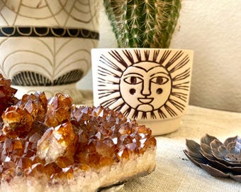 Ceramic Planter with Embossed Sun Face, Distressed Brown, Holds 4-Inch Pot