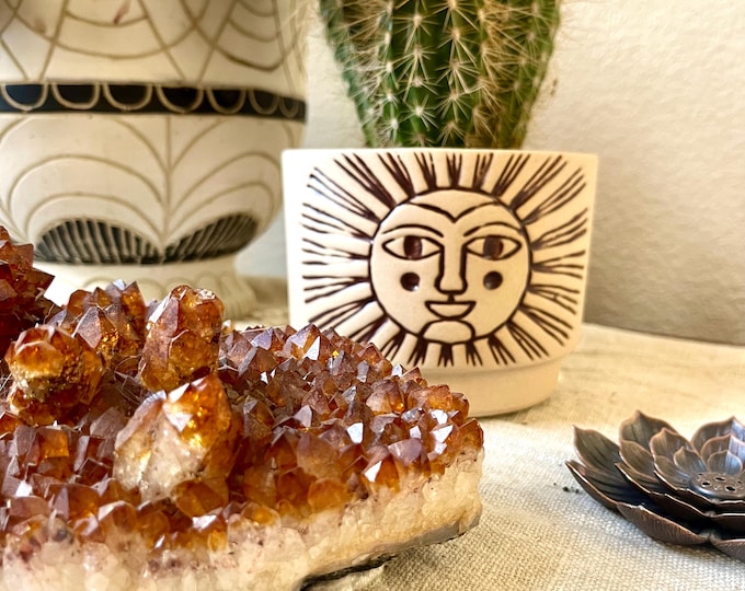 Ceramic Planter with Embossed Sun Face, Distressed Brown, Holds 4-Inch Pot