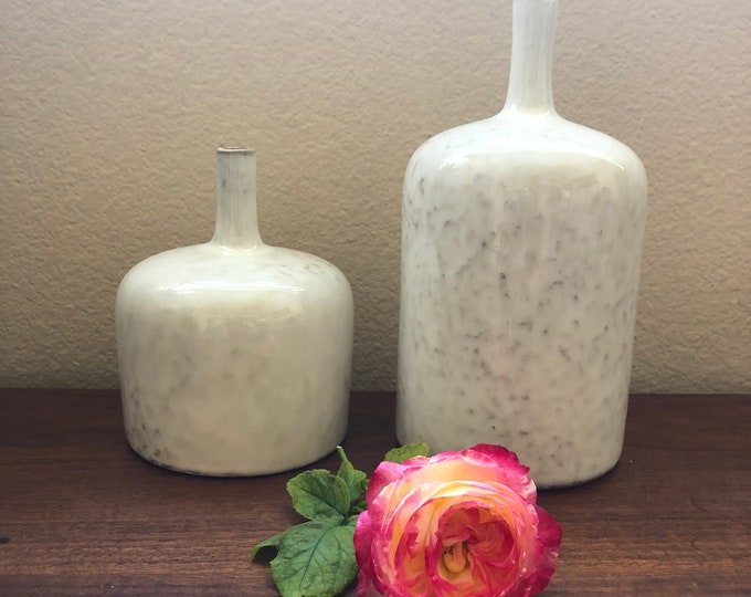 White long neck reactive glaze stoneware vase comes 5 inch diameter 6" or 9 1/2" hieght