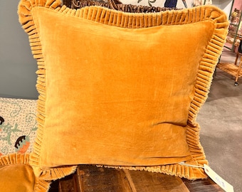 20" Square cotton mustard color velvet pillow with ruffled trim.
