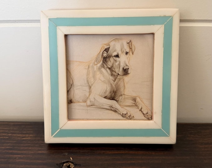 Vintage white frame with blue stripe 4”x 4” frame holds a a 2 1/2”x2 1/2” photo