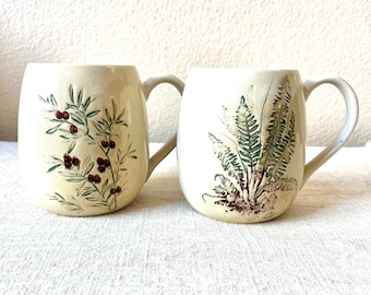 Botanical ceramic mug cream with debossed botanical leafs print, 4 styles sold seperately
