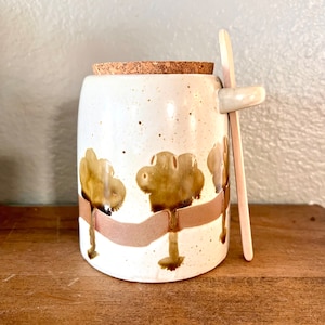 Reactive glaze beige ceramic cannister with cork lid and spoon with hand painted tree design