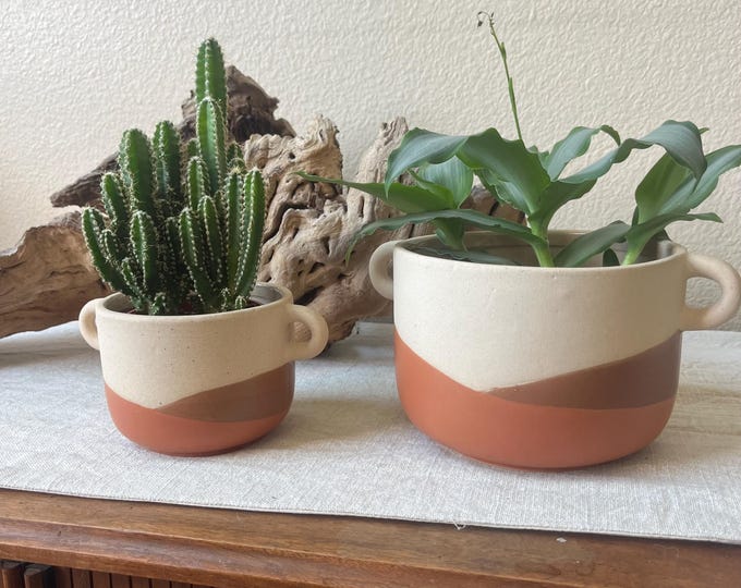 Hand painted terra-cotta planter beige, brown and orange. No drain hole