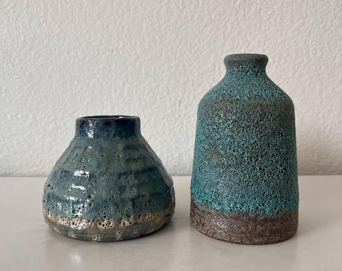 Blue volcanic finish reactive glaze bud vase set of 2