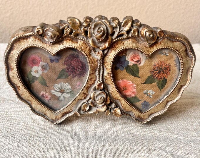 Vintage gold wood double heart frame 7"x 4"  with rose detail  holds two 2 1/2 ”x 2” photos