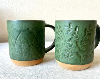 Debossed floral ceramic mug comes in two styles leaf or vine
