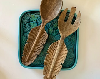 Hand carved mango wood salad servers with feathered handle 12 inches in length set