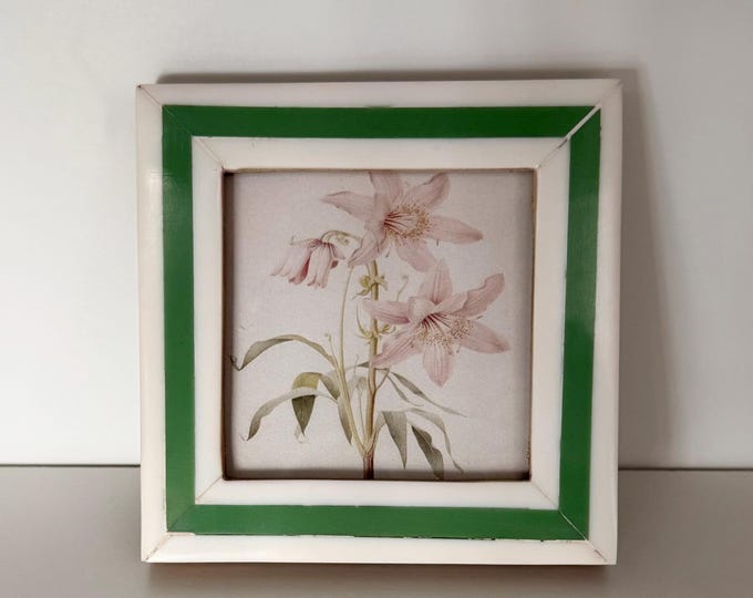 Vintage white frame with green stripe 4”x 4” frame holds a a 2 1/2”x2 1/2” photo