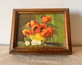 Vintage engraved wood jewelry box with mirror inside and floral picture covered with glass on top 7 1/2"W x 10"L x 3"H