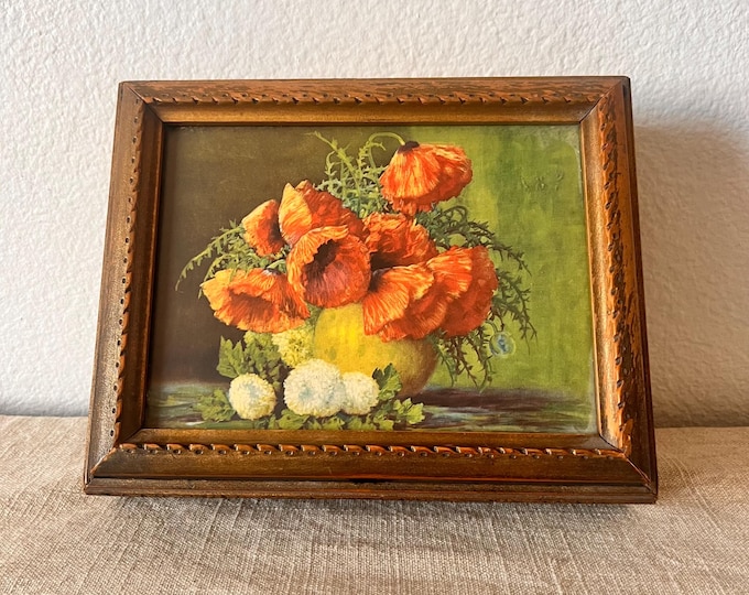 Vintage engraved wood jewelry box with mirror inside and floral picture covered with glass on top 7 1/2"W x 10"L x 3"H
