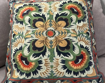 18 inch square embroidered pillow with floral design