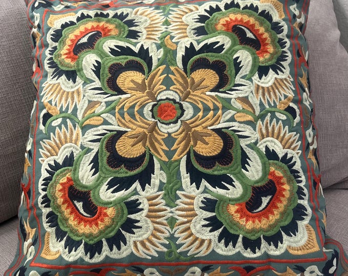 18 inch square embroidered pillow with floral design