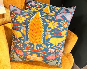 Blue velvet pillow with woodland design motif 20” square